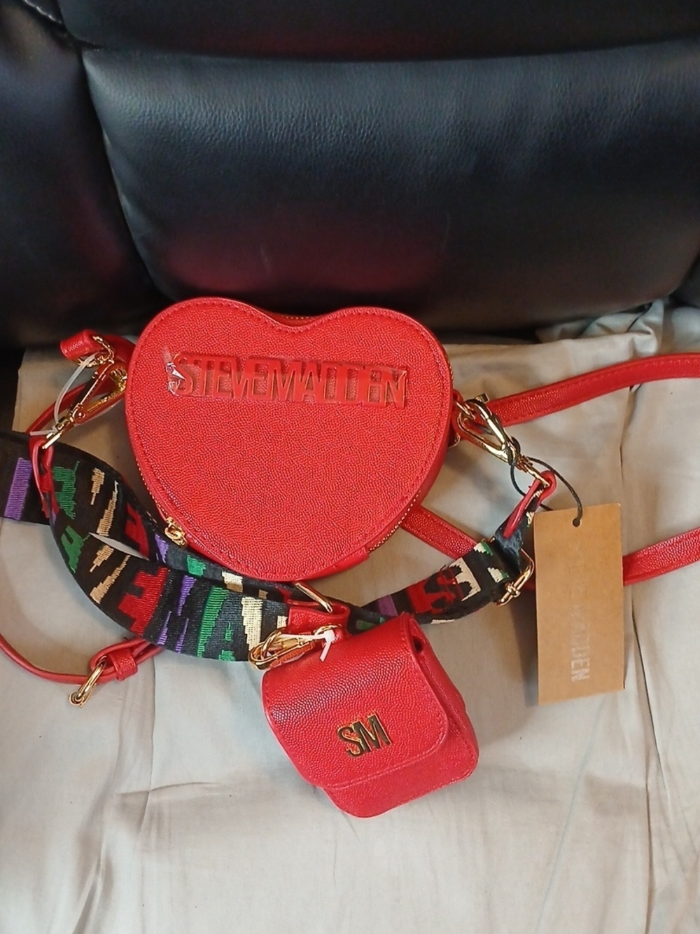 Steve Madden Red Heart Mini Crossbody with Colorful Strap And Matching Pouch